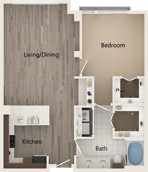 Floor plan for 1 bed, 1 bath, 905 sqft